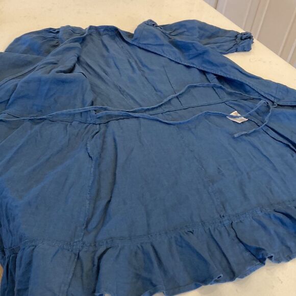 Reformation Carmelo Ruffled Wrap Mini Dress Blue 100% Linen Small - Picture 8 of 8